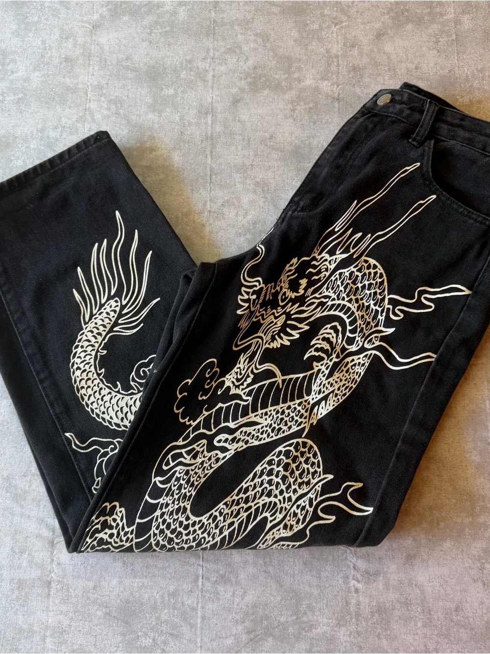 Shein Jeans Womens medium Baggy Fit White Dragons Black Denim Straight Cotton